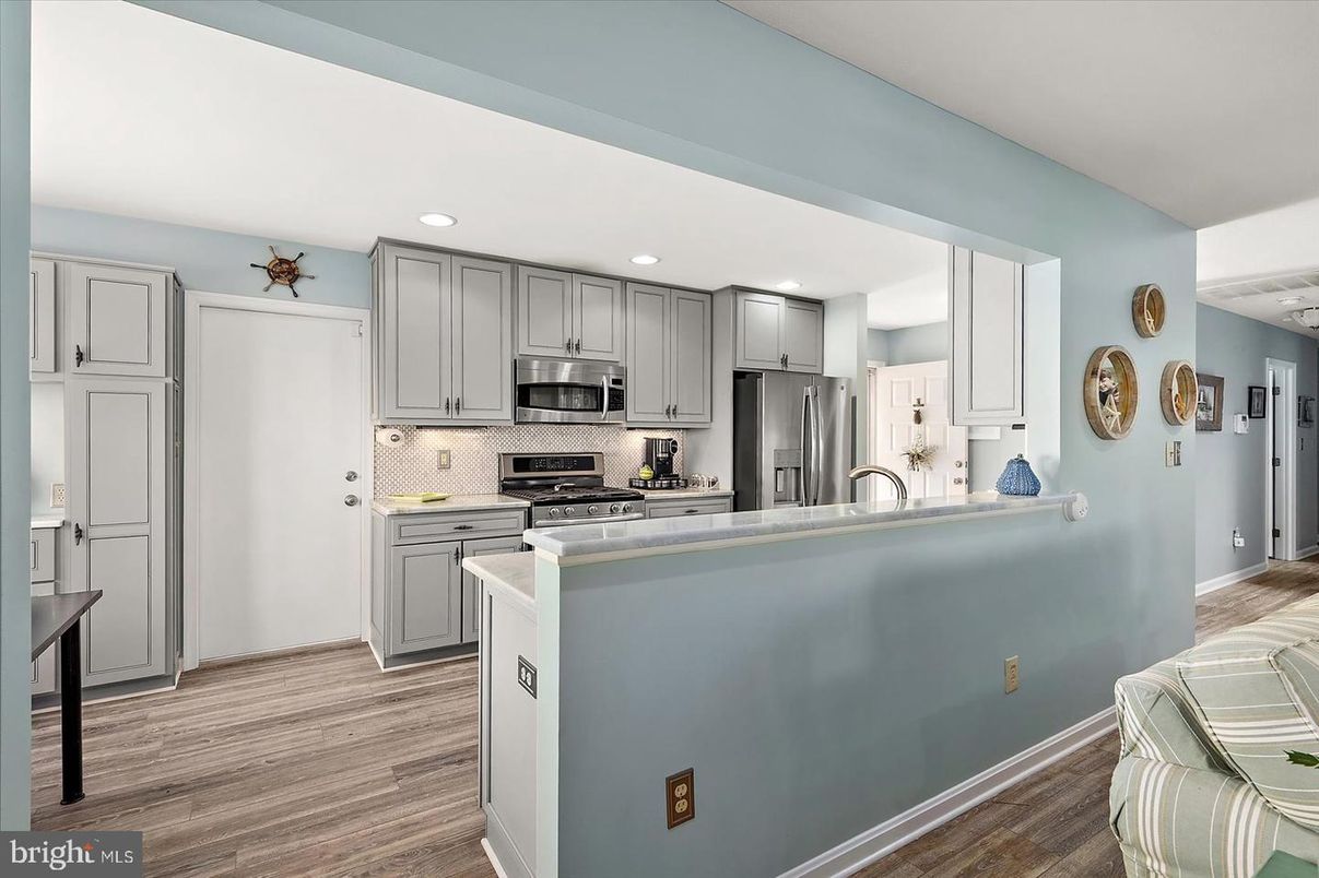 Interior, Kitchen, Recessed Lighting, Stainless Steel Appliances, Wood Texture Flooring