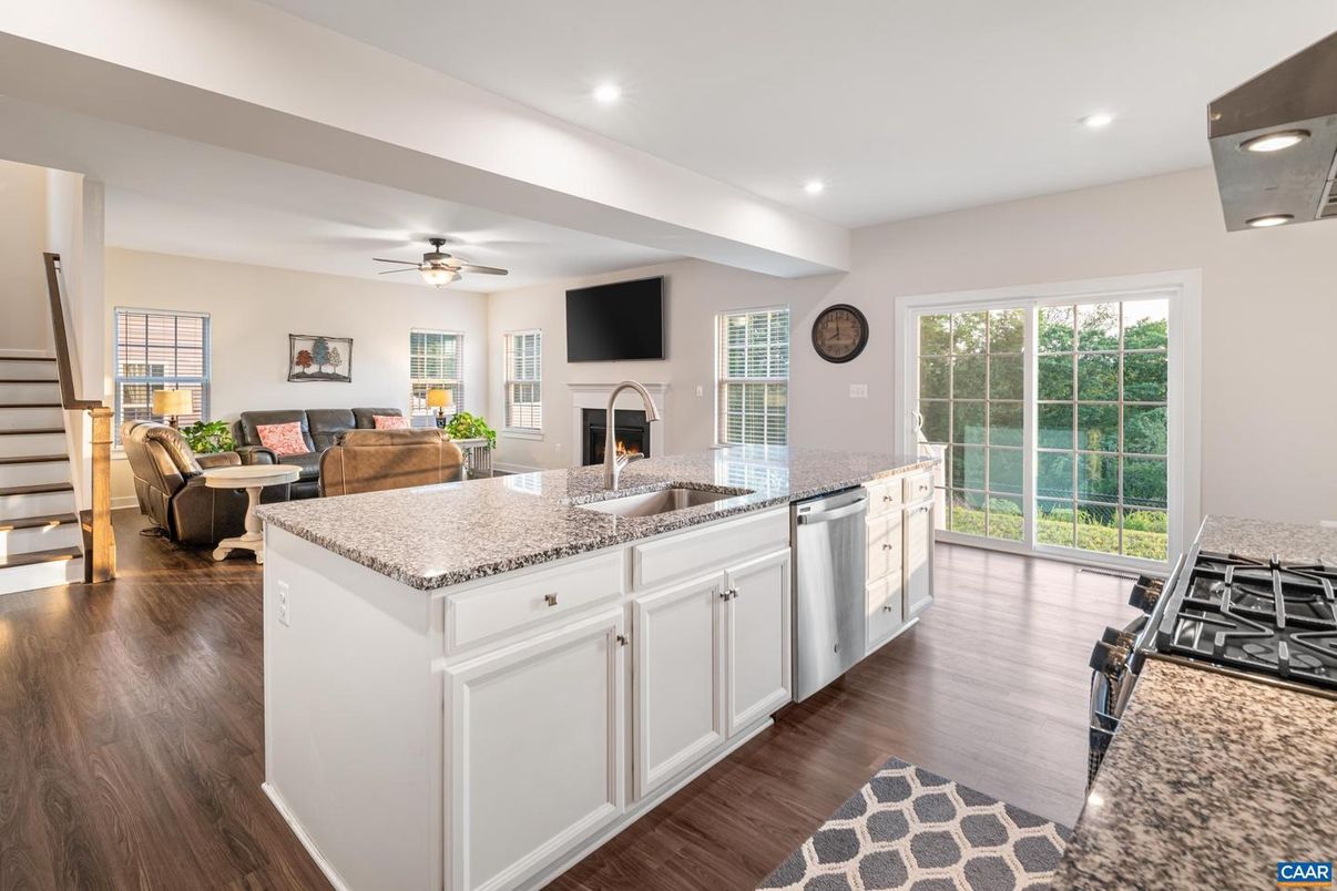 Fireplace, Interior, Kitchen, Living room, Recessed Lighting, Wood Texture Flooring
