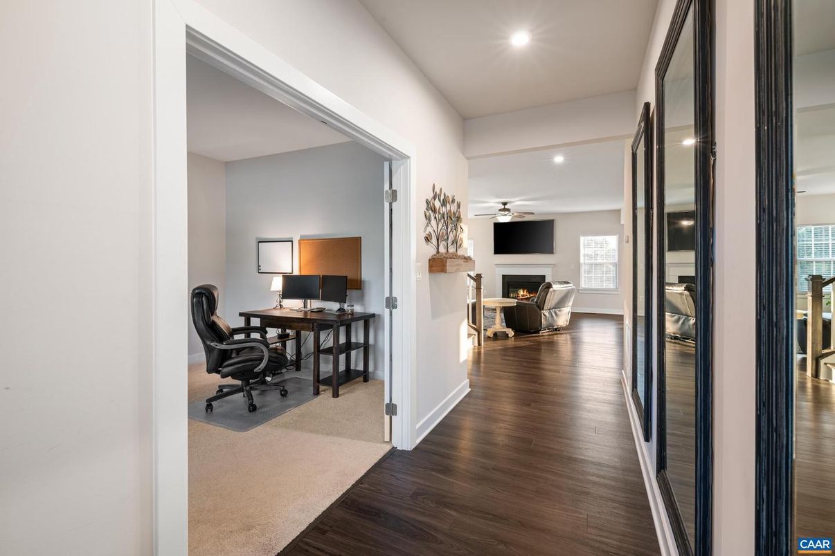 Fireplace, Home Office, Interior, Recessed Lighting, Wood Texture Flooring