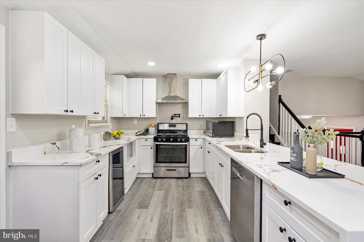 Interior, Kitchen, Pendant Lights, Recessed Lighting, Stainless Steel Appliances, Wood Texture Flooring