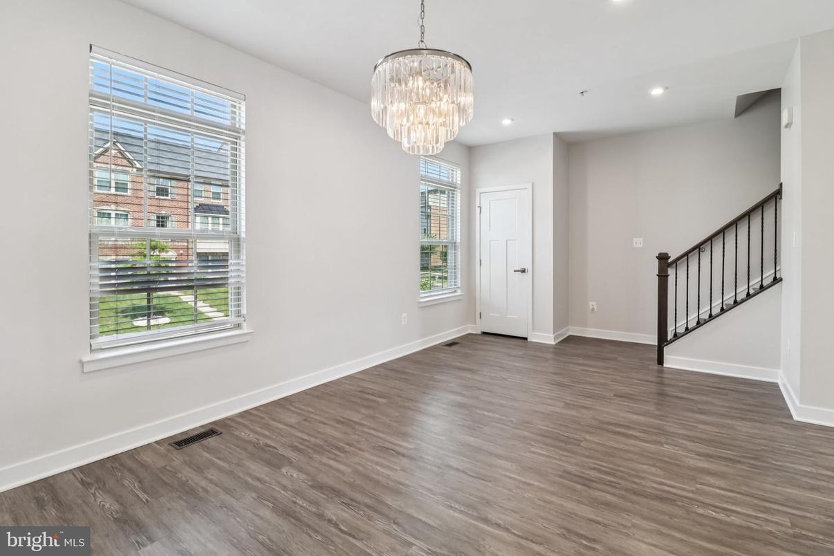 Chandelier, Empty room, Interior, Recessed Lighting, Wood Texture Flooring