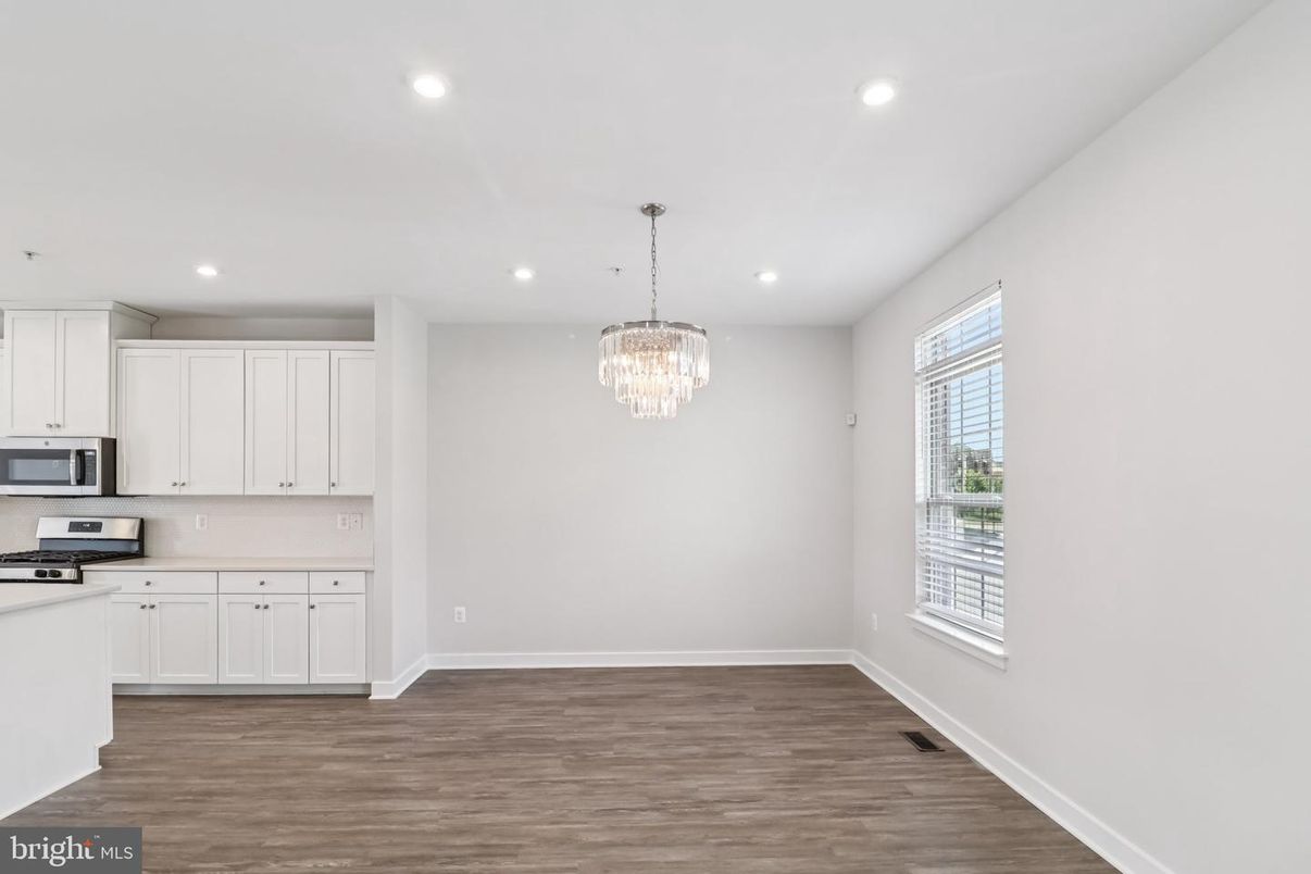 Chandelier, Empty room, Interior, Kitchen, Recessed Lighting, Wood Texture Flooring