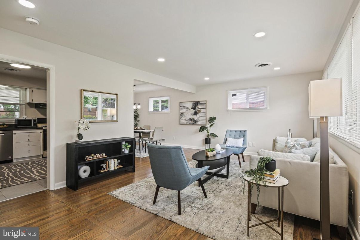 Dining room, Fireplace, Interior, Kitchen, Living room, Recessed Lighting, Wood Texture Flooring
