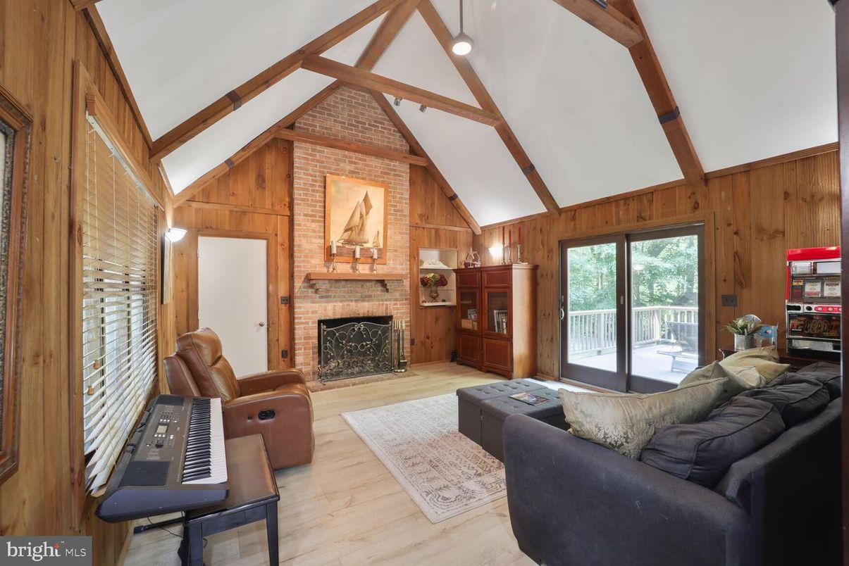 Fireplace, Interior, Living room, Piano, Recessed Lighting, Wooden Beams, Wood Texture Flooring, Wooden Walls