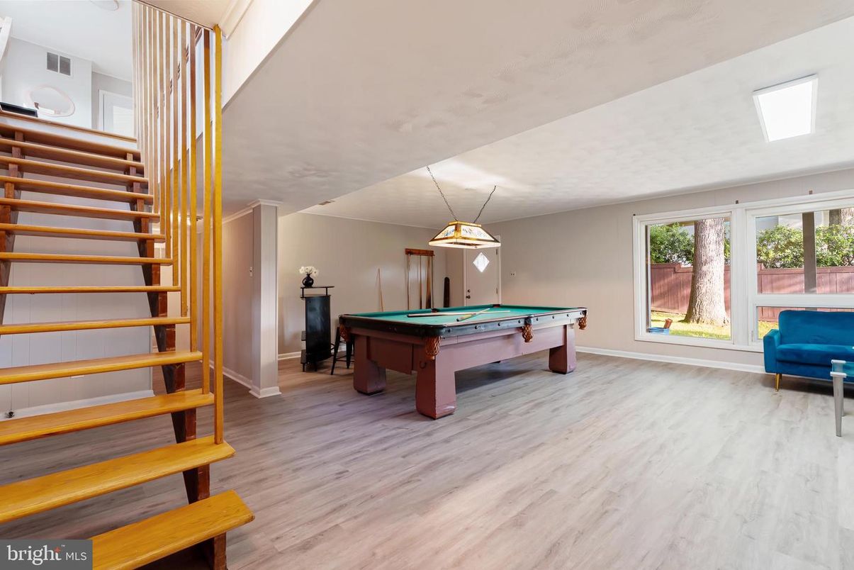 Billiard Table, Game Room, Interior, Pendant Lights, Wood Texture Flooring