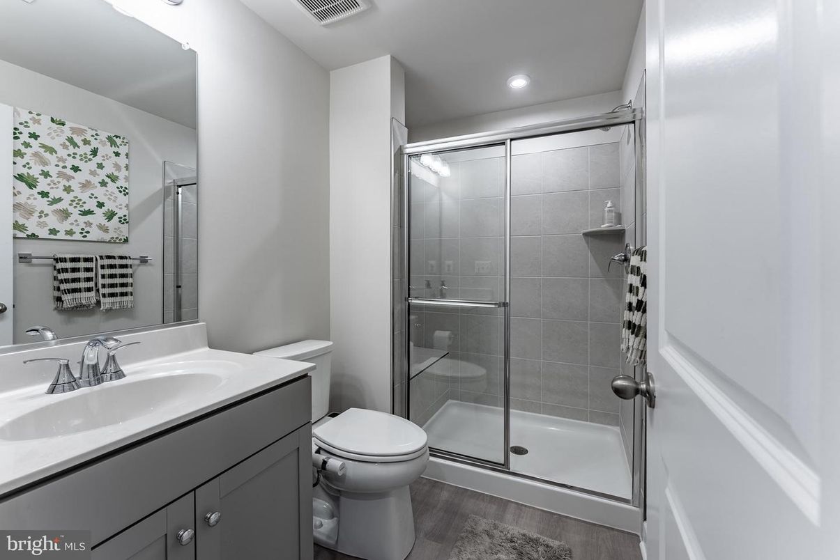 Bathroom, Glass Shower, Interior, Recessed Lighting, Wood Texture Flooring
