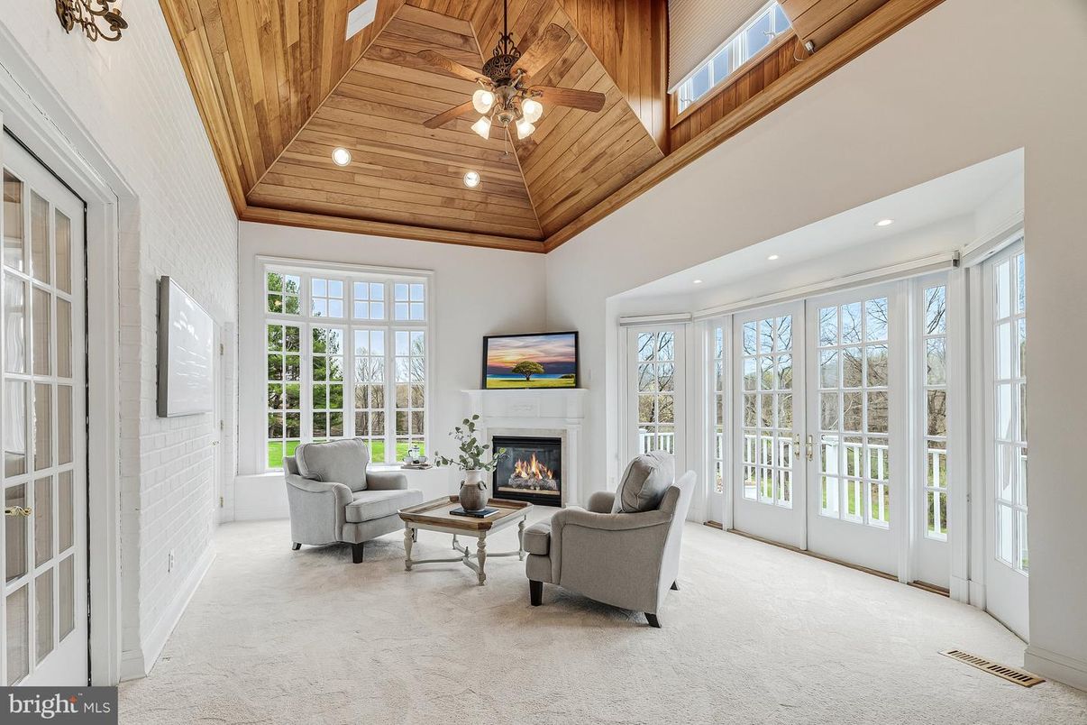 Fireplace, Interior, Living room, Recessed Lighting, Wooden Ceilings