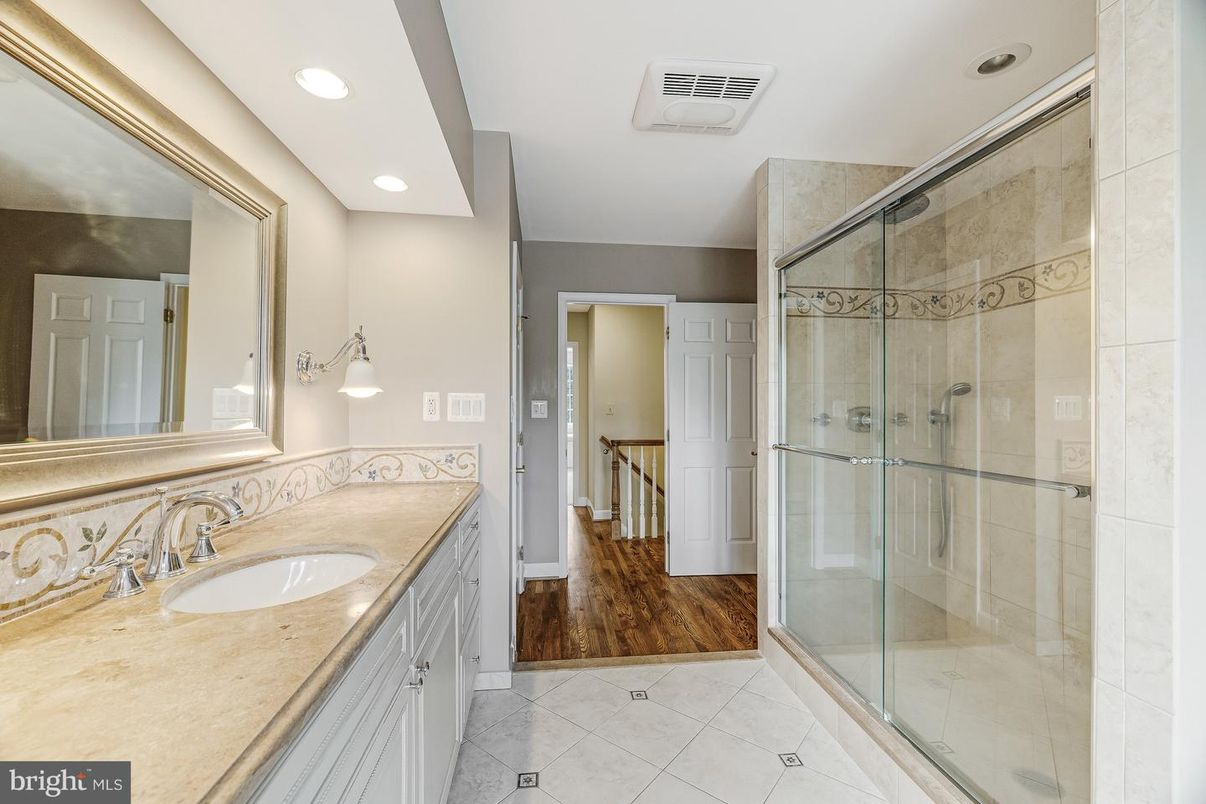 Bathroom, Glass Shower, Interior, Recessed Lighting, Wood Texture Flooring