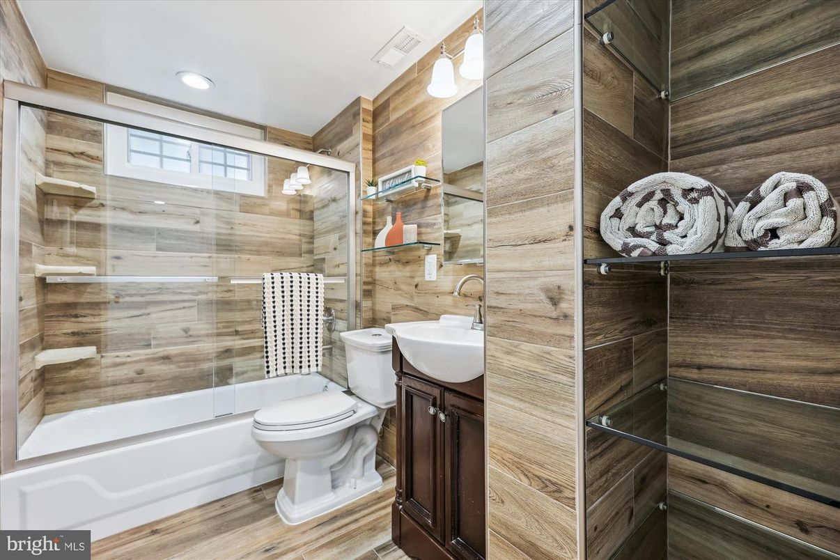 Bathroom, Glass Shower, Interior, Recessed Lighting, Wood Texture Flooring, Wooden Walls
