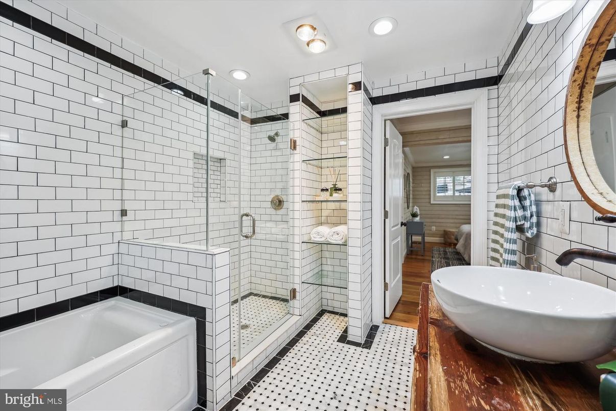 Bathroom, Glass Shower, Interior, Recessed Lighting, Wood Texture Flooring