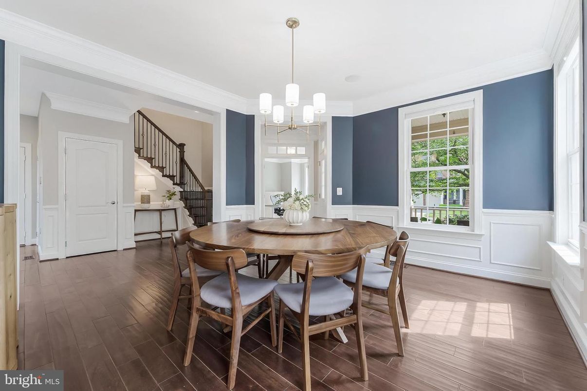Dining room, Interior, Pendant Lights, Wood Texture Flooring