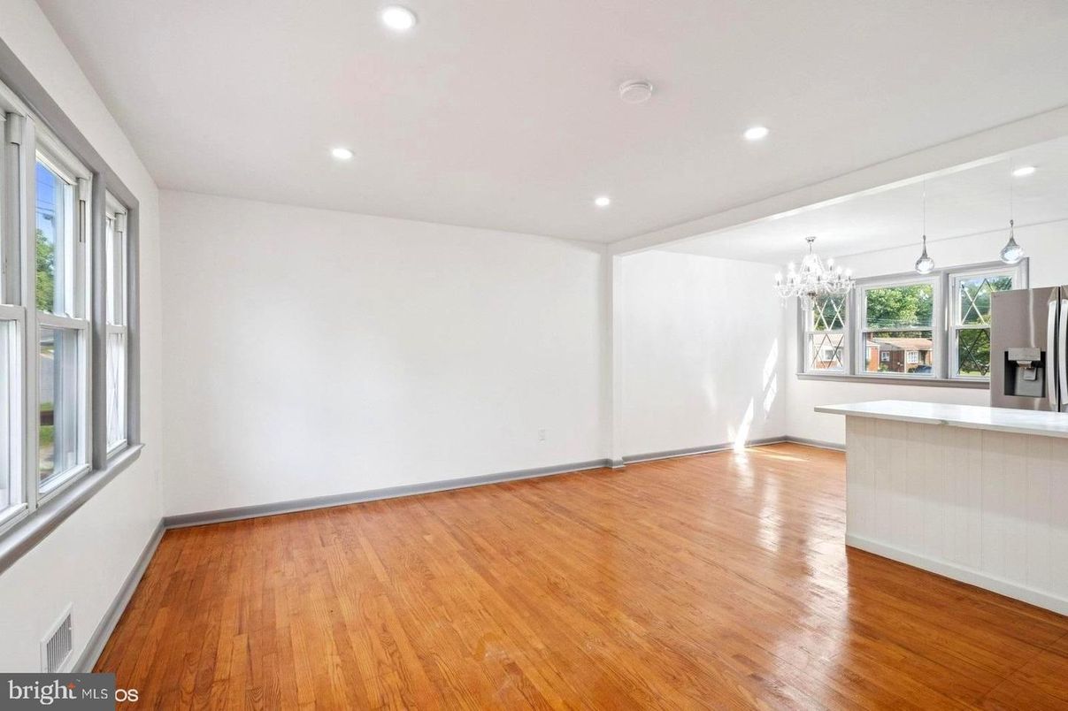 Chandelier, Empty room, Interior, Kitchen, Recessed Lighting, Wood Texture Flooring