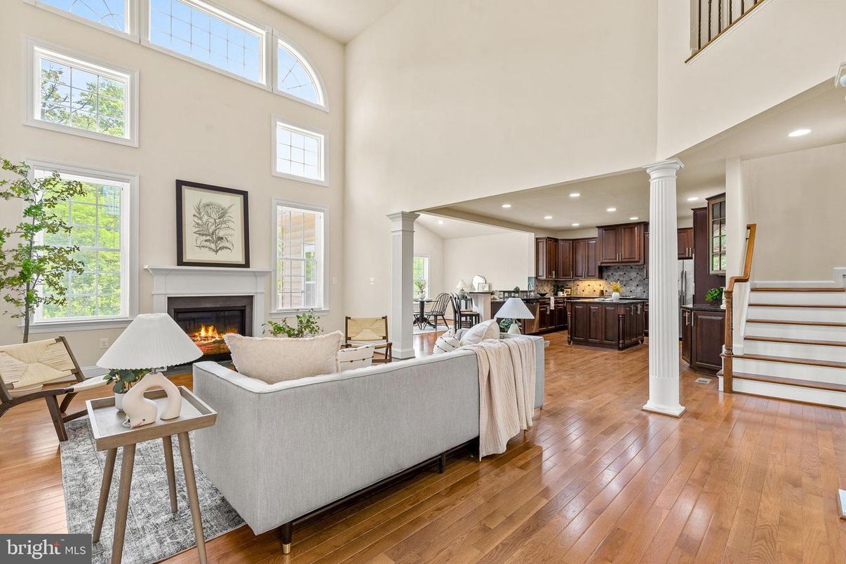 Fireplace, Interior, Kitchen, Living room, Recessed Lighting, Wood Texture Flooring