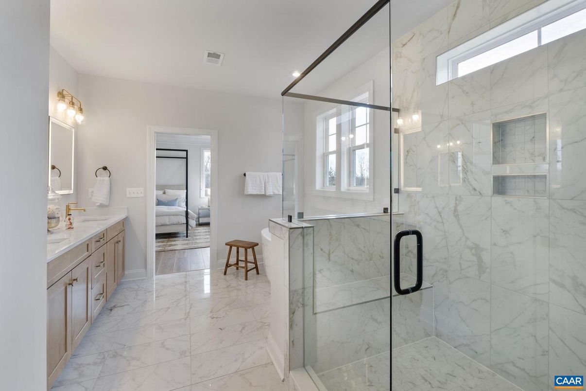 Bathroom, Bedroom, Dual Sink Vanities, Glass Shower, Interior, Marble, Marble Walls, Recessed Lighting