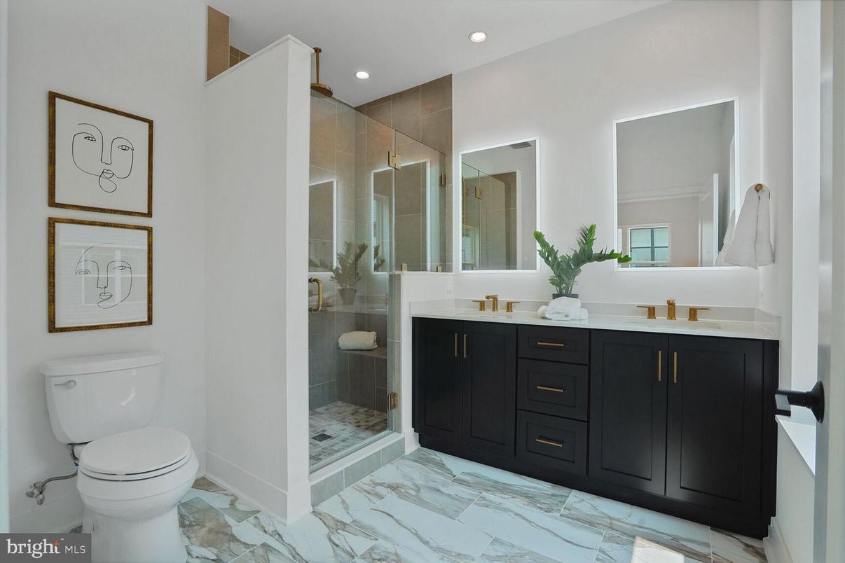 Bathroom, Dual Sink Vanities, Glass Shower, Interior, Marble, Recessed Lighting