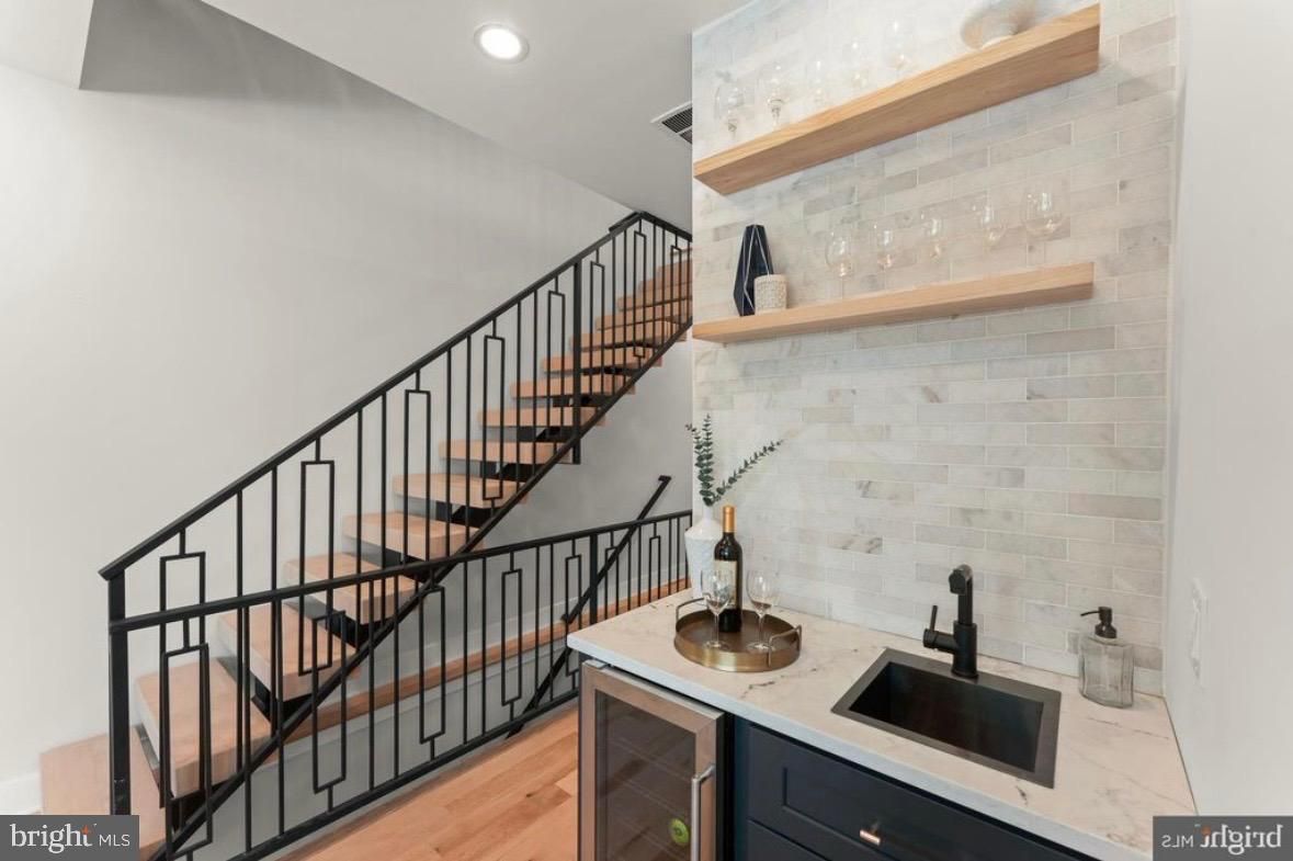 Interior, Kitchen, Recessed Lighting, Stone Walls, Wood Texture Flooring