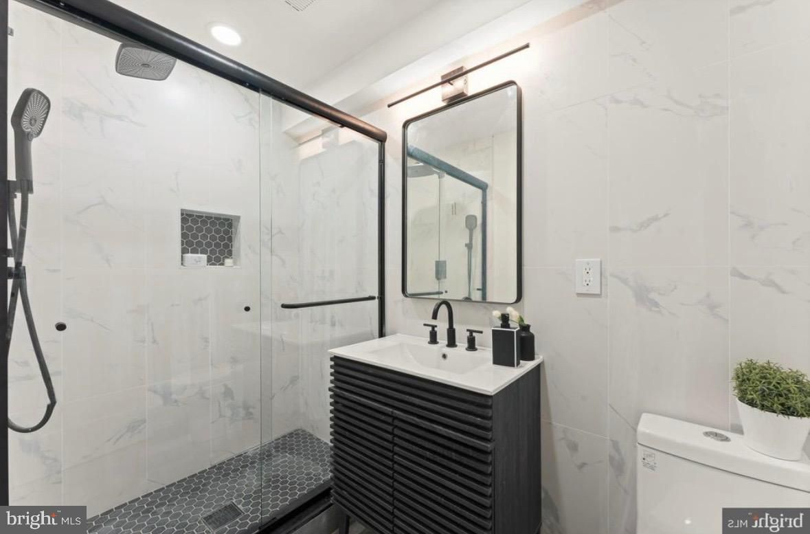 Bathroom, Glass Shower, Interior, Marble Walls, Recessed Lighting