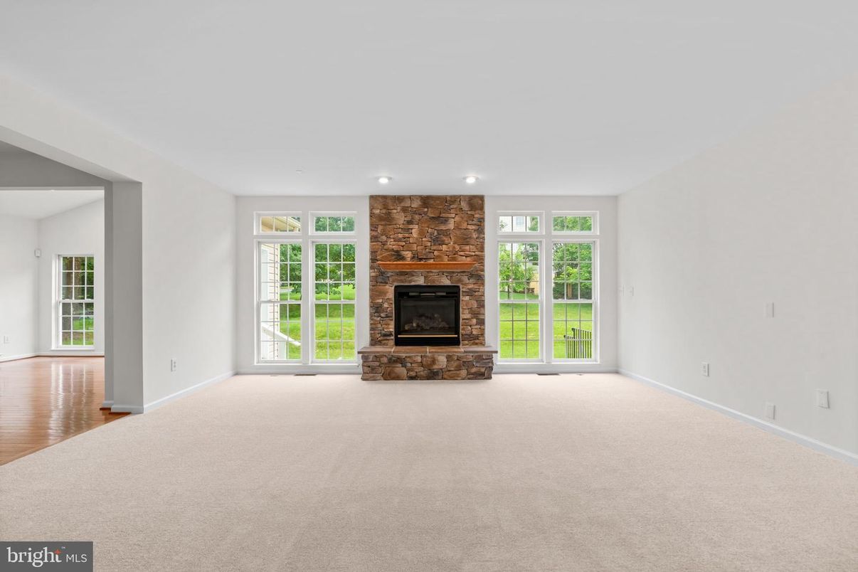 Empty room, Fireplace, Interior, Recessed Lighting, Stone Walls