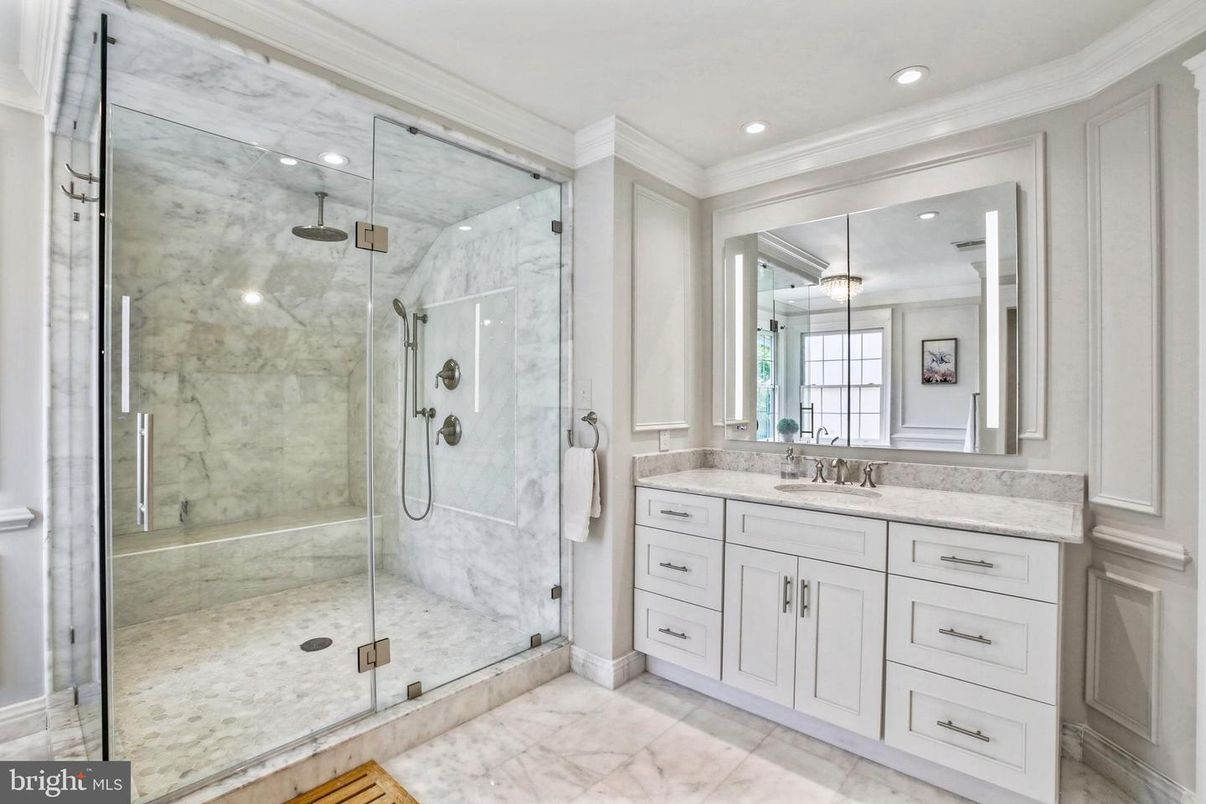 Bathroom, Glass Shower, Interior, Marble, Marble Walls, Recessed Lighting