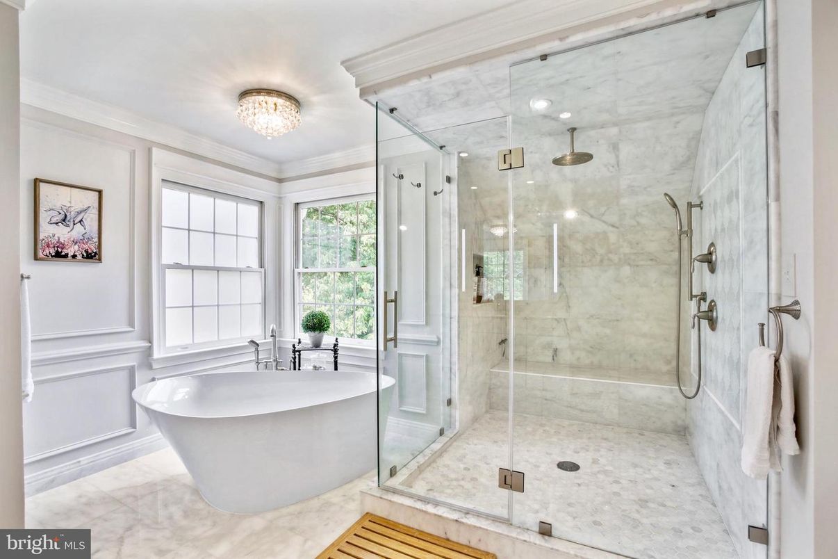 Bathroom, Free Standing Baths, Glass Shower, Interior, Marble, Marble Walls, Recessed Lighting