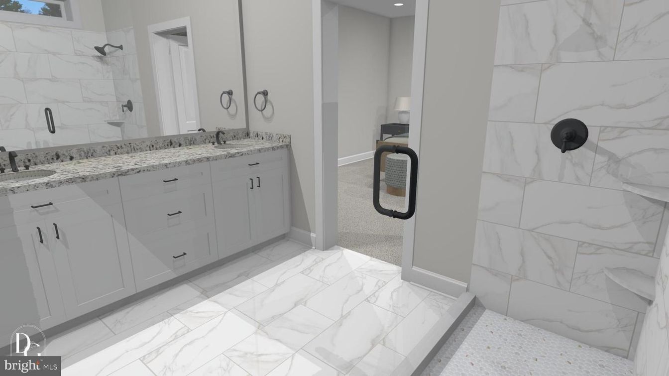 Bathroom, Dual Sink Vanities, Interior, Marble, Marble Walls, Recessed Lighting