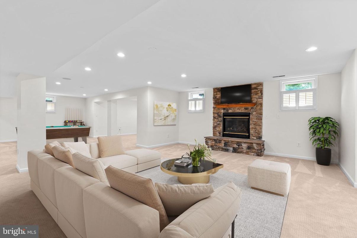 Billiard Table, Fireplace, Game Room, Interior, Living room, Recessed Lighting, Stone Walls