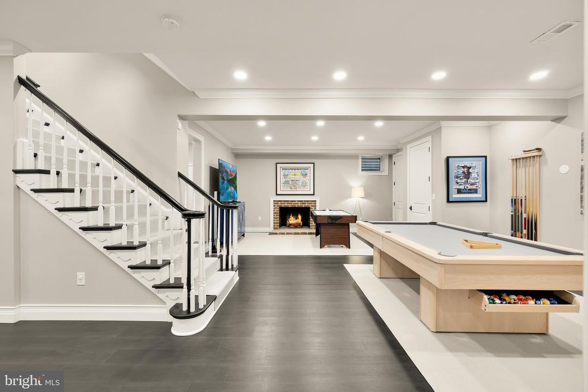 Billiard Table, Fireplace, Game Room, Interior, Recessed Lighting, Wood Texture Flooring