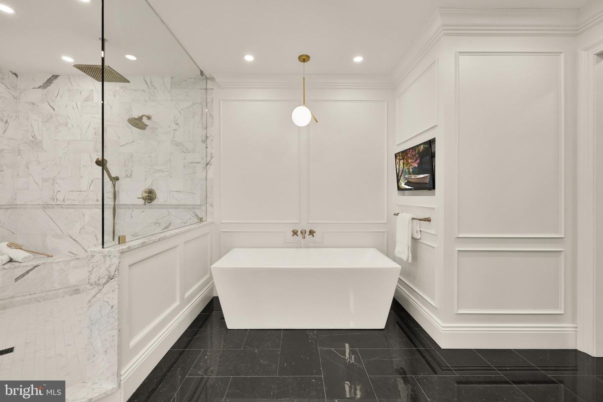Bathroom, Free Standing Baths, Glass Shower, Interior, Marble, Marble Walls, Pendant Lights, Recessed Lighting