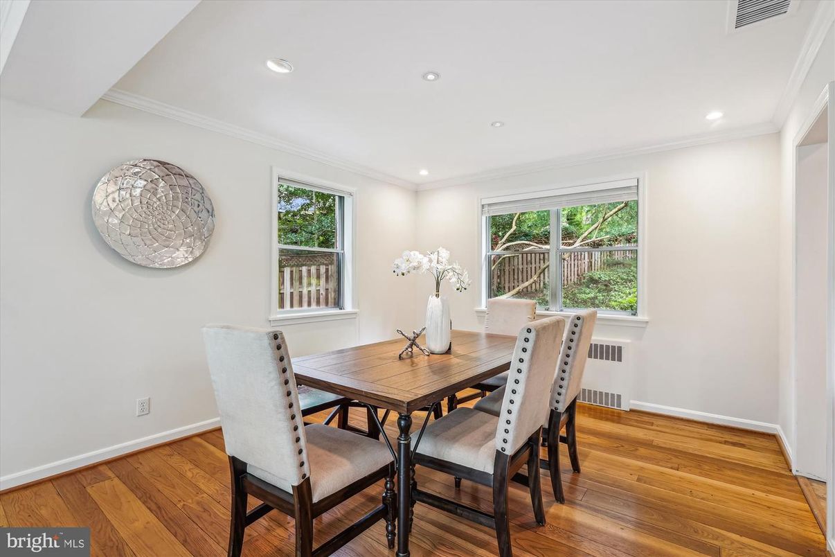 Dining room, Interior, Recessed Lighting, Wood Texture Flooring