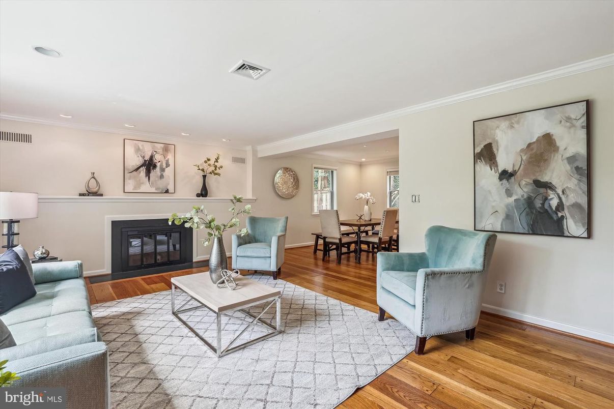 Dining room, Fireplace, Interior, Living room, Recessed Lighting, Wood Texture Flooring