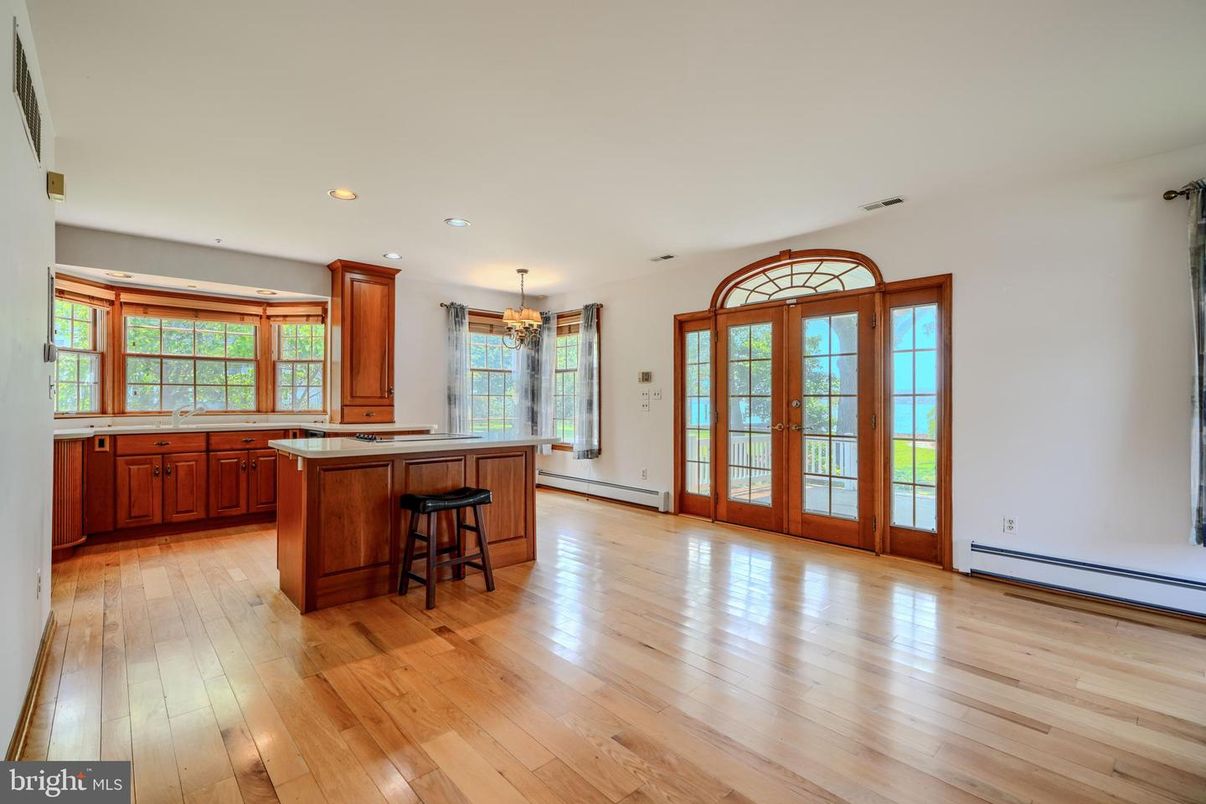 Chandelier, Empty room, Interior, Kitchen, Recessed Lighting, Wood Texture Flooring