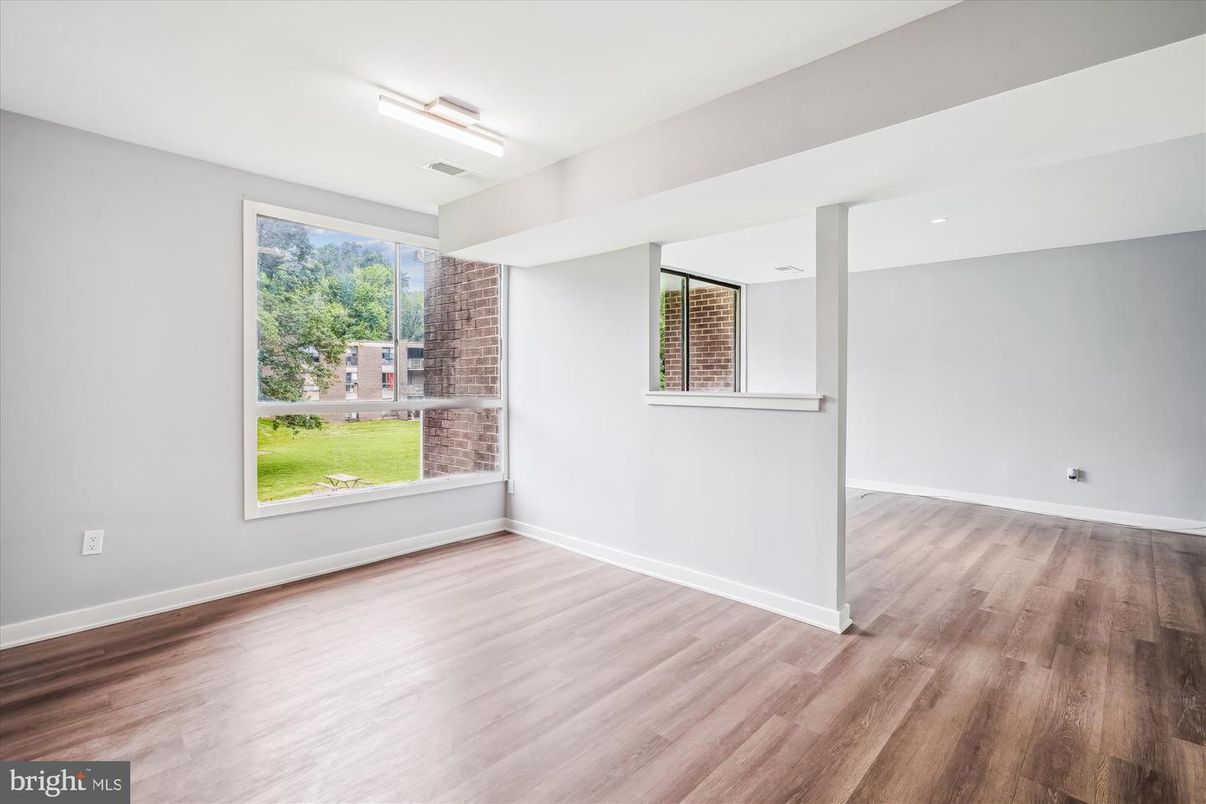 Empty room, Interior, Recessed Lighting, Stone Walls, Wood Texture Flooring