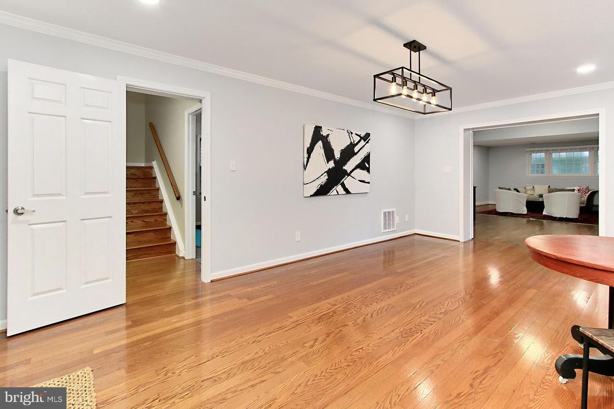 Dining room, Interior, Pendant Lights, Recessed Lighting, Wood Texture Flooring
