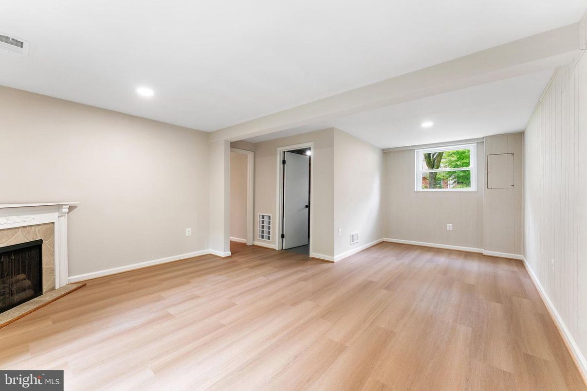 Empty room, Fireplace, Interior, Recessed Lighting, Wood Texture Flooring