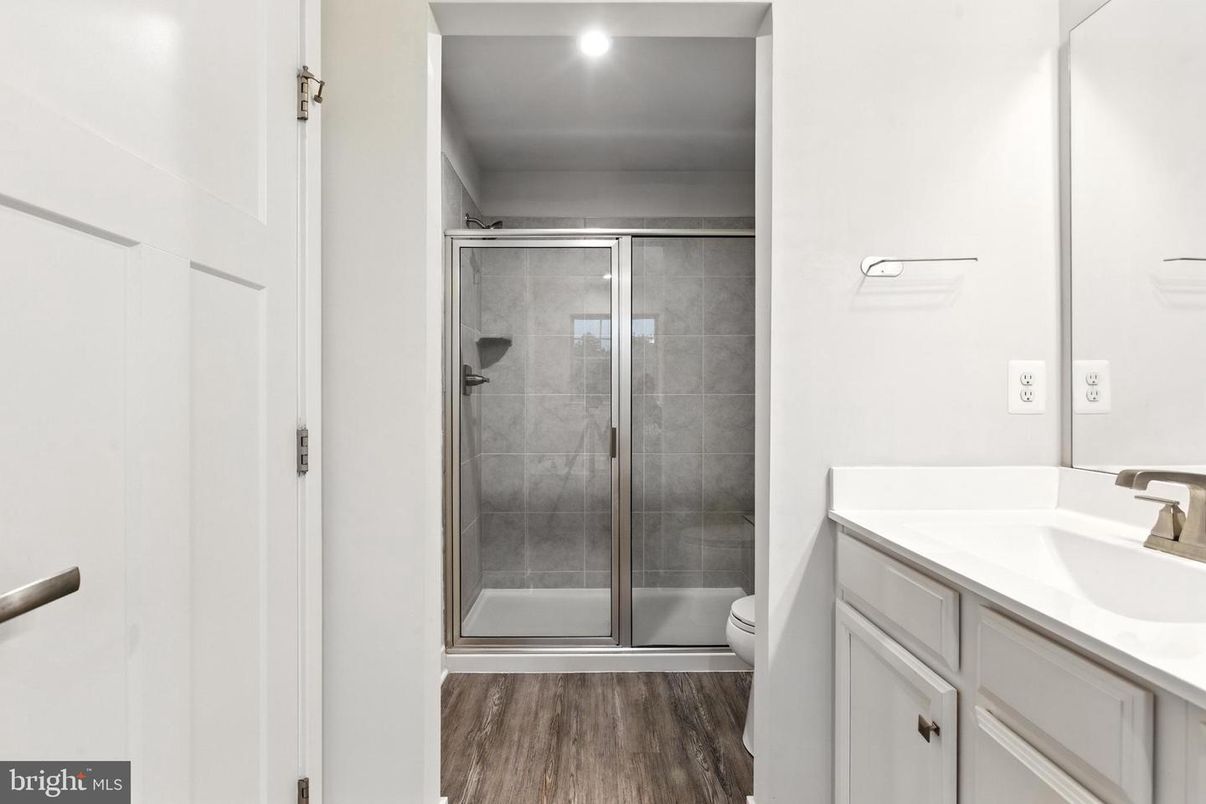 Bathroom, Glass Shower, Interior, Recessed Lighting, Wood Texture Flooring