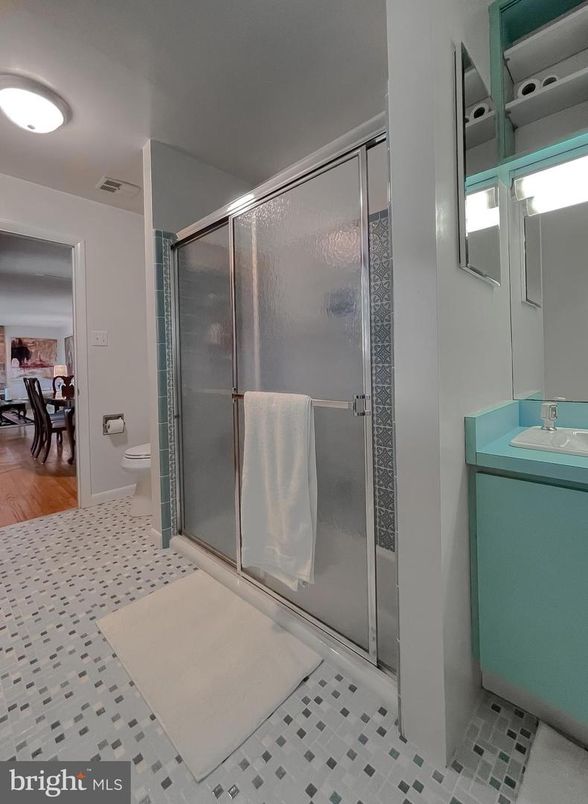 Bathroom, Glass Shower, Interior, Recessed Lighting, Wood Texture Flooring
