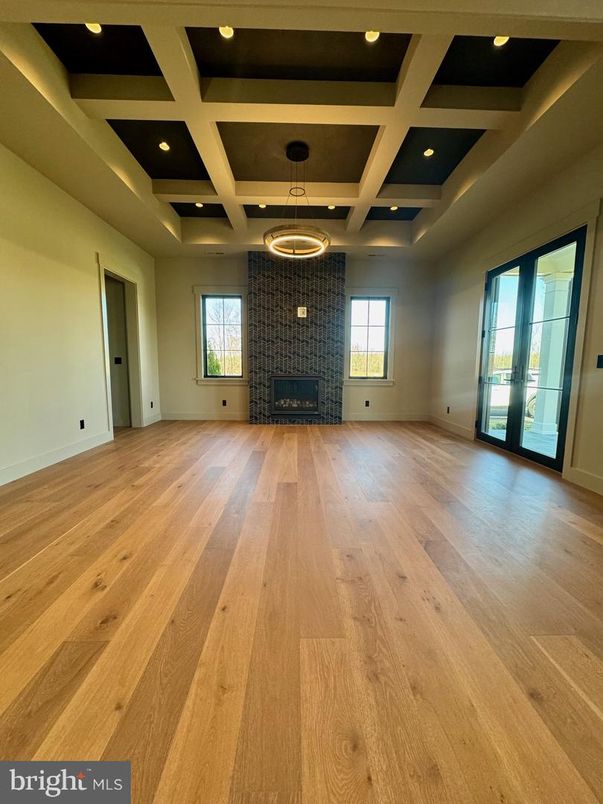 Empty room, Fireplace, Interior, Recessed Lighting, Wood Texture Flooring