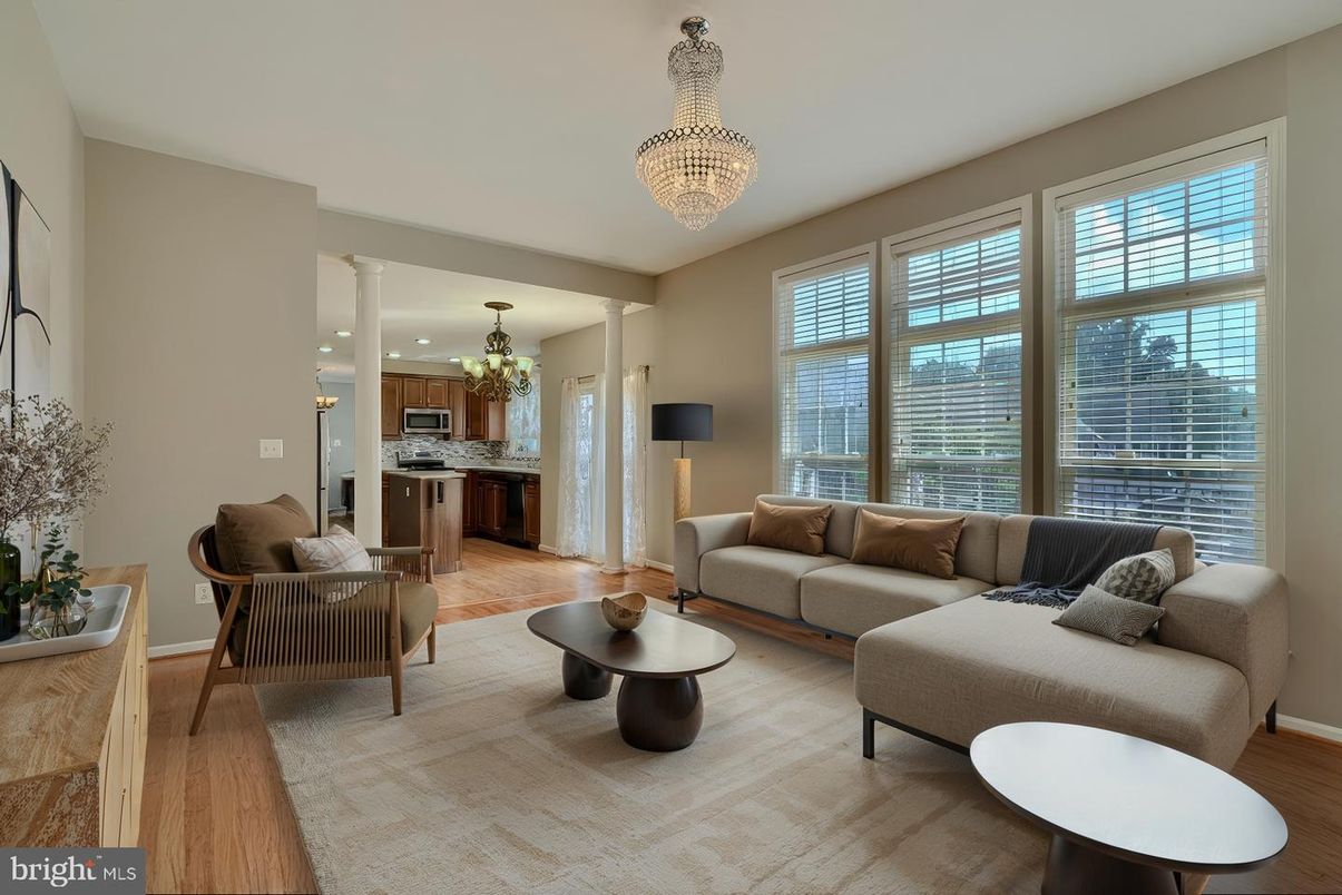 Chandelier, Interior, Kitchen, Living room, Recessed Lighting, Stainless Steel Appliances, Wood Texture Flooring
