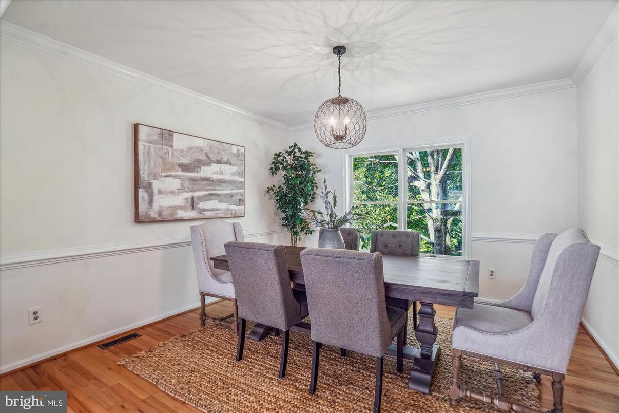Dining room, Interior, Pendant Lights, Wood Texture Flooring