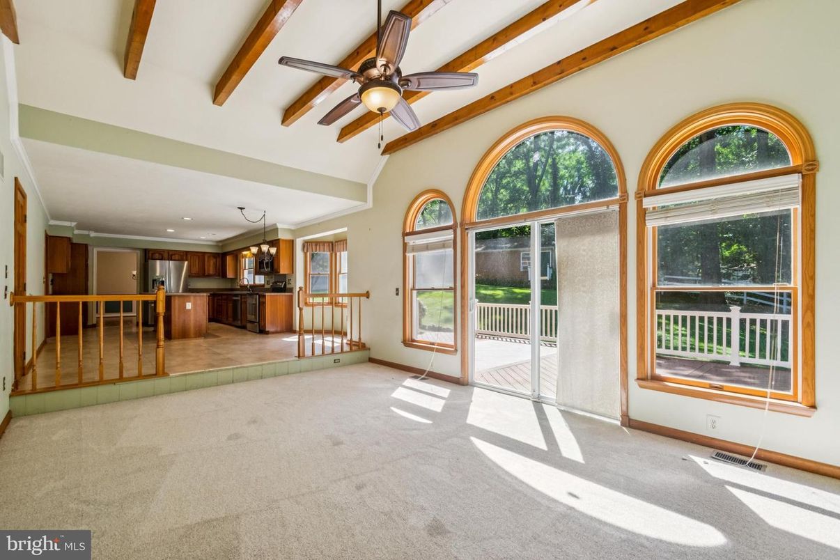 Chandelier, Empty room, Interior, Kitchen, Recessed Lighting, Wooden Beams