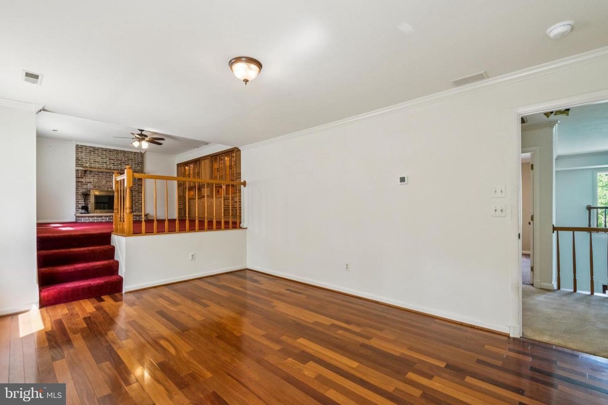 Empty room, Fireplace, Interior, Stone Walls, Wood Texture Flooring