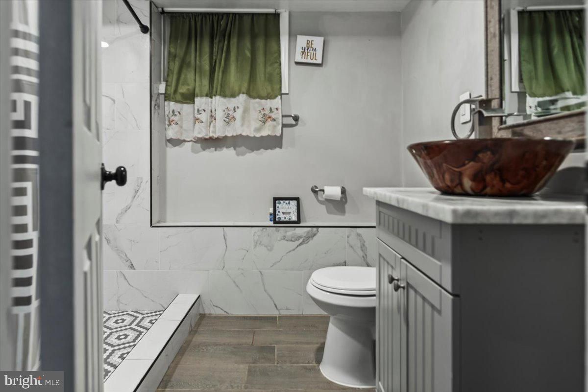 Bathroom, Interior, Marble Walls, Wood Texture Flooring