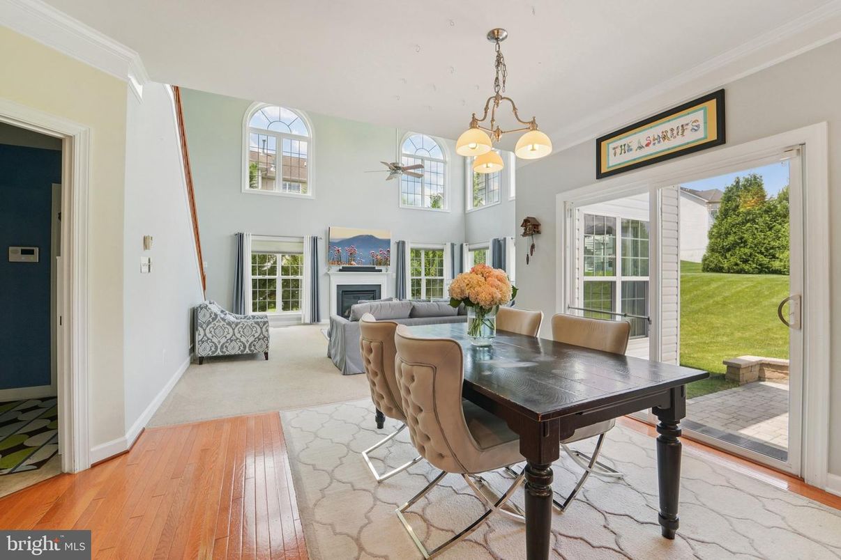 Chandelier, Dining room, Fireplace, Interior, Living room, Pendant Lights, Wood Texture Flooring