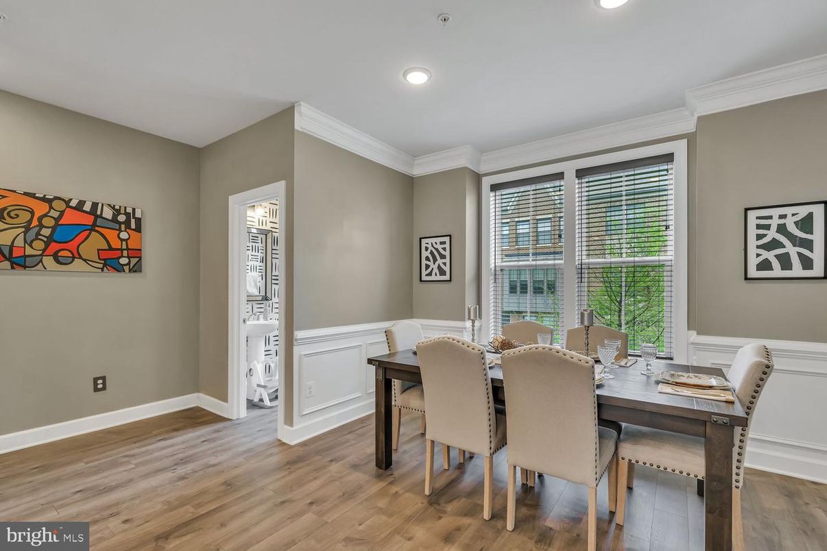 Dining room, Interior, Recessed Lighting, Wood Texture Flooring