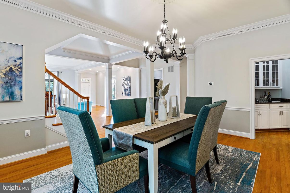 Chandelier, Dining room, Interior, Wood Texture Flooring