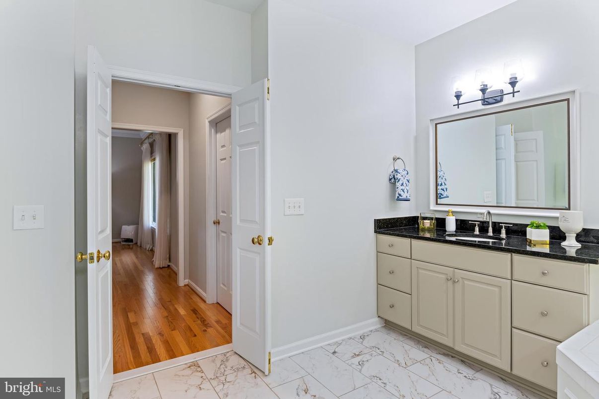 Bathroom, Dual Sink Vanities, Interior, Marble, Wood Texture Flooring