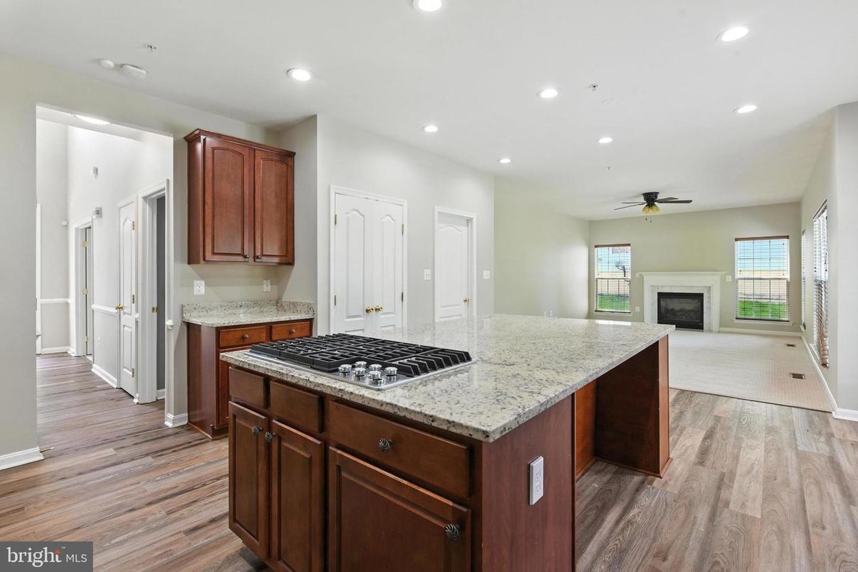 Fireplace, Interior, Kitchen, Recessed Lighting, Wood Texture Flooring