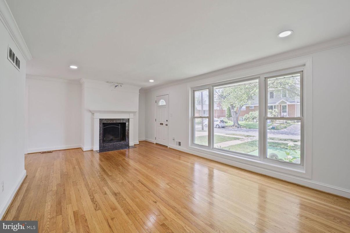 Empty room, Fireplace, Interior, Recessed Lighting, Wood Texture Flooring