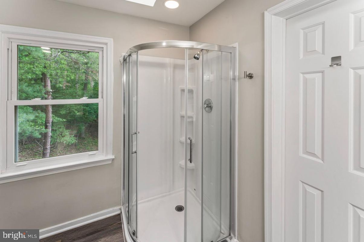 Bathroom, Glass Shower, Interior, Recessed Lighting, Wood Texture Flooring
