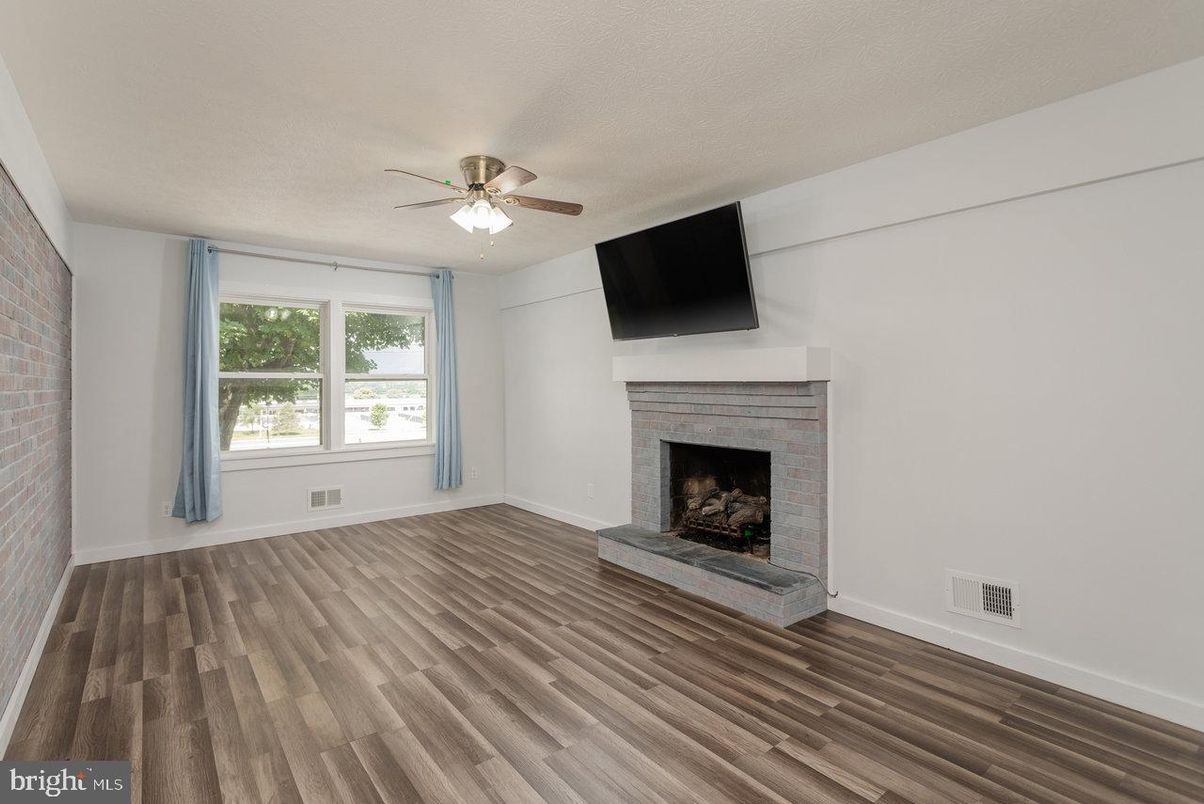 Empty room, Fireplace, Interior, Stone Walls, Wood Texture Flooring